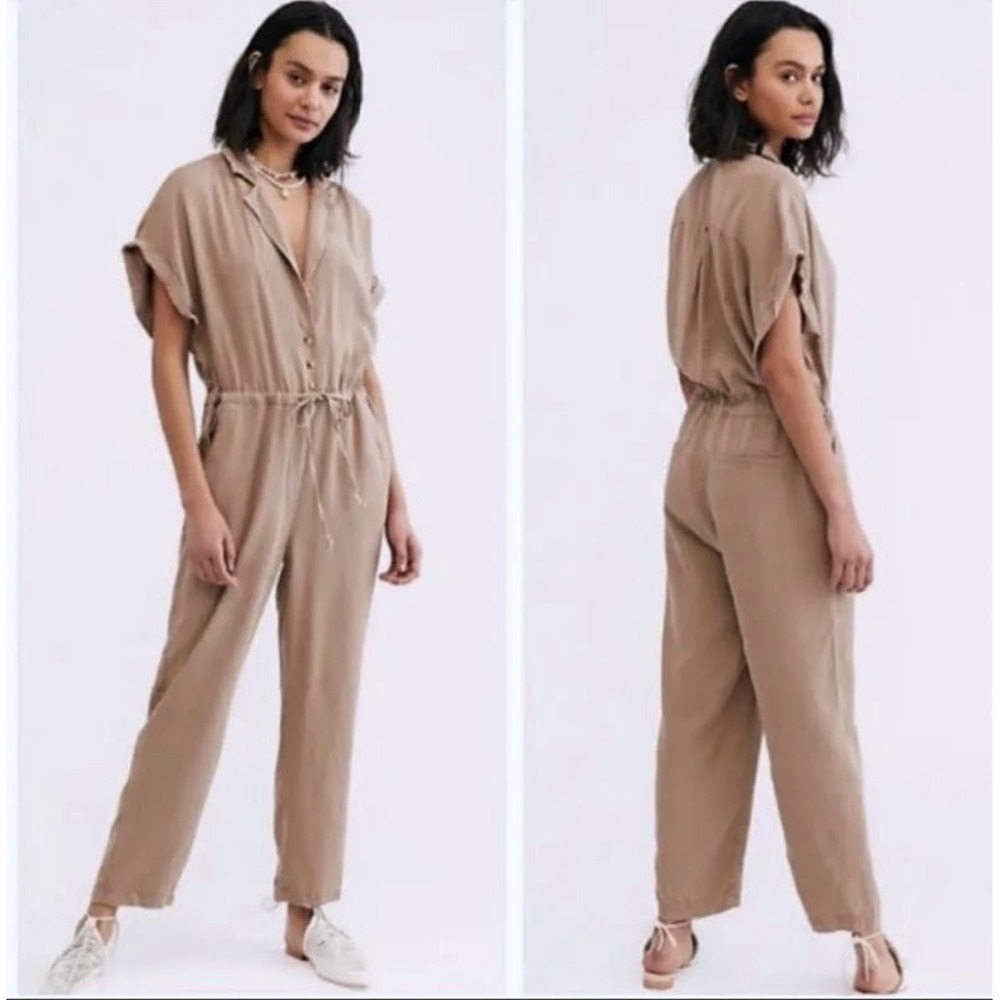 Free People Lyocell Lottie Short Sleeve Taupe Utility Jumpsuit Womens Size Small